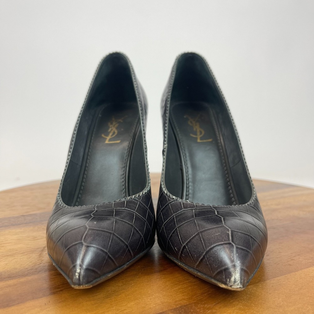 Womens YSL Saint Laurent Dark Gray Croc Print Leather Block Heels Size 36 US 6 - Picture 3 of 16